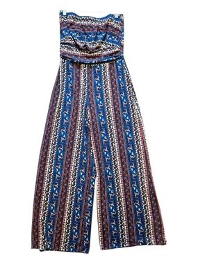 Boho Hippie Printed Strapless Wide Leg Jumpsuit Popover Palazzo Sz Lg